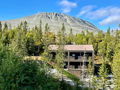 a house in the forest with a mountain in the background at Gausta View in Gaustablikk