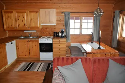 a kitchen and living room with a couch in a cabin at Uvdalhytta - close to cross country and downhill skiing in Uvdal