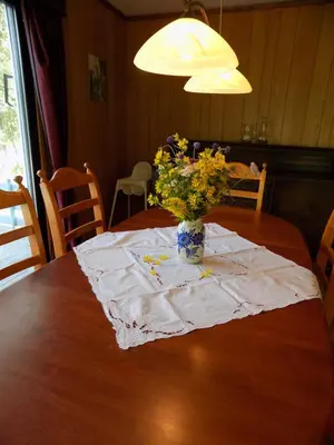 a vase of flowers sitting on a wooden table at Kråkehaugen Feriehus, a perfect holiday retreat near Åheim in Åheim