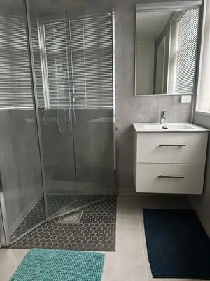 a bathroom with a shower and a sink at Downtown Historical House with Renovated apartments free P near in Ålesund