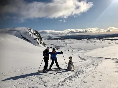 two people and a dog on skis in the snow at Olebu in Skammestein