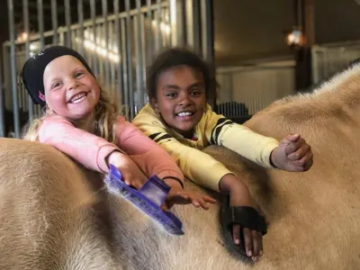 two little girls playing on top of a cow at Hytte på Myhre Gård in Skammestein