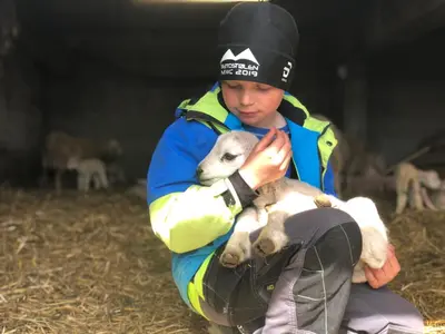 a boy holding a baby lamb in his arms at Hytte på Myhre Gård in Skammestein
