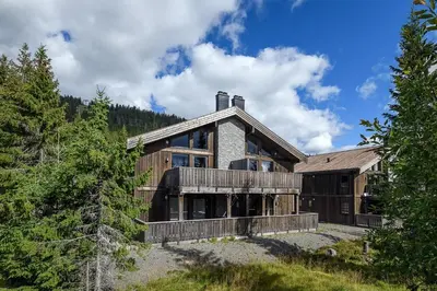 a large wooden house in the middle of a forest at Cozy Apartment electric car charger & ski in out Sjusjøen in Sjusjøen