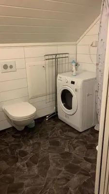 a bathroom with a washing machine and a toilet at Bright and cozy apartment 1.5km from city centre in Aurland