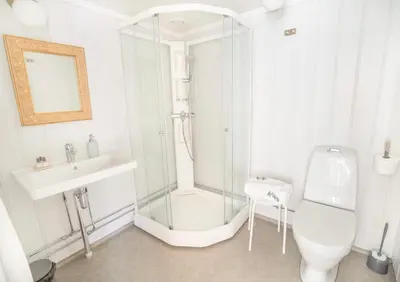 a bathroom with a shower and a toilet and a sink at Husum Hotel in Borgund