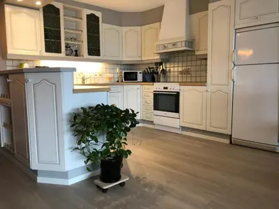 a kitchen with white cabinets and a potted plant at Fagre Stryn Feriehus in Stryn