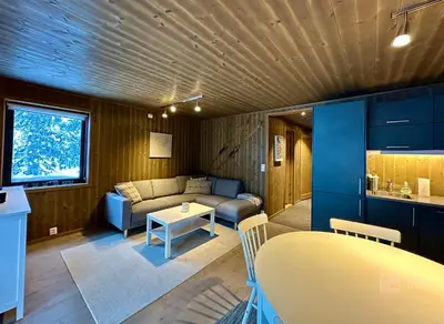 a living room with a couch and a table at Modern ski-in out apartment at Sjusjøen in Sjusjøen