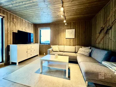 a living room with a couch and a tv at Modern ski-in out apartment at Sjusjøen in Sjusjøen