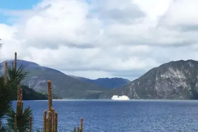 a cruise ship in a large body of water with mountains at Fjordgaestehaus in Innfjorden