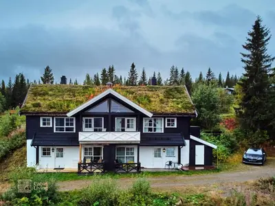 a black and white house with a grass roof at Nice apartment with Sauna and ski in out Trysil in Trysil