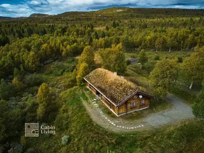 an overhead view of a cabin in a forest at Cozy cabin at Beitostølen with sauna, hot tub & fireplace in Beitostøl