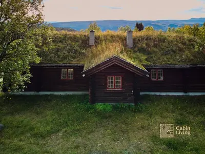 a log cabin with a grass roof on top of it at Cozy cabin at Beitostølen with sauna, hot tub & fireplace in Beitostøl