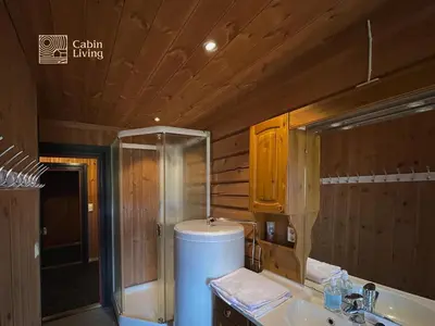 a bathroom with a toilet and a sink and a shower at Cozy cabin at Beitostølen with sauna, hot tub & fireplace in Beitostøl