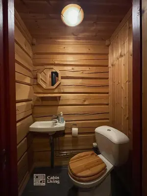 a wooden bathroom with a toilet and a sink at Cozy cabin at Beitostølen with sauna, hot tub & fireplace in Beitostøl