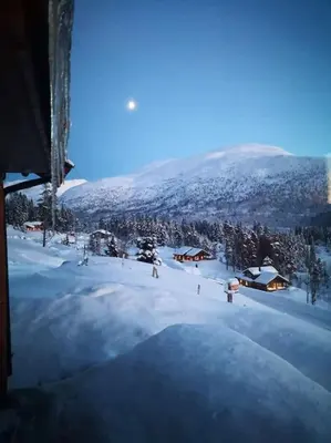 a view of a ski slope with snow on the ground at Cabin in beautiful surroundings at Harpefossen in Nordfjordeid