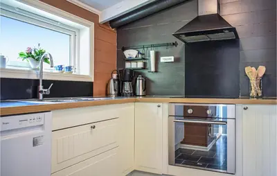 a kitchen with white cabinets and a sink and a stove at Lovely Apartment In Hebnes in Hebnes