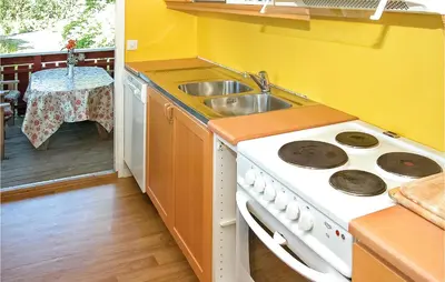 a small kitchen with a stove and a sink at Awesome Home In Sandvoll in Sandvoll