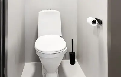 a white toilet in a bathroom with a roll of toilet paper at Raaen Hytteutleige in Utne