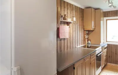 a kitchen with wooden cabinets and a stainless steel counter top at Holiday Home Farstad Rævhaugen in Farstad
