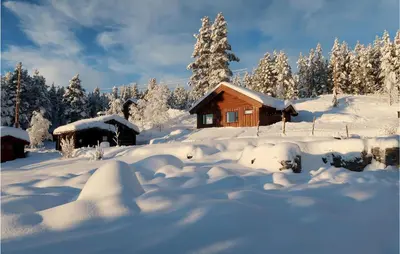 a cabin covered in snow with trees in the background at Holiday Home Heidal Bakketun in Heidal