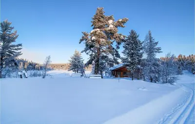 a cabin in a snow covered field with a tree at Holiday Home Ringebu Måsåplassen Ii in Ringebu
