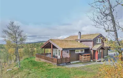 a log cabin with a grass roof on a field at Amazing Home In Hol With Sauna in Hol