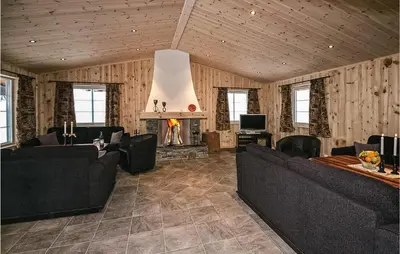 a living room with black furniture and a fireplace at Skarsnuten in Hemsedal