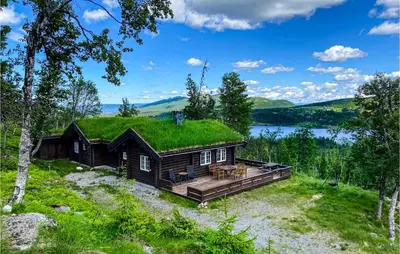 a log cabin with a grass roof at Holiday Home Flå Øvre Reinsjøfjell in Flå
