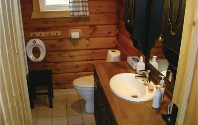 a bathroom with a sink and a toilet in a log cabin at Holiday Home Flå Øvre Reinsjøfjell in Flå