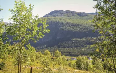 a mountain in the distance with trees in the foreground at Beitebu in Hemsedal