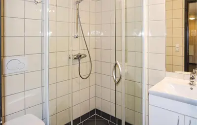 a bathroom with a shower with a toilet and a sink at Gorgeous Apartment In Hemsedal in Hemsedal