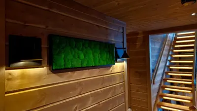 a wall with a tv on a wooden wall at Mlodge - The Mountain Lodge in Sogndal