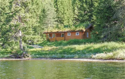a wooden cabin next to a body of water at Sundflathytta in Nesland