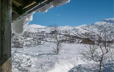 a view of a snow covered mountain from a window at Holiday Home Vinje Skjærdalen