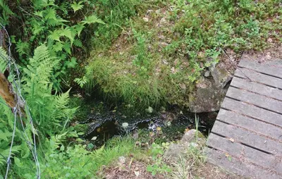 a small stream of water next to a wooden bridge at Holiday Home Hurdal Steinsjøveien in Hurdal