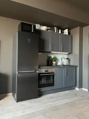 a kitchen with a stainless steel refrigerator and cabinets at Trysil Alpine Lodge in Trysil