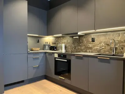 a kitchen with gray cabinets and a sink at Trysil Alpine Lodge in Trysil