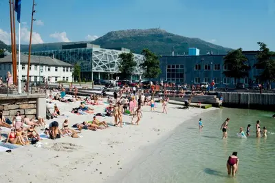 a group of people sitting on a beach at Modern Apartment - Amazing Terrace and Fjord View, Close to City Center in Bergen