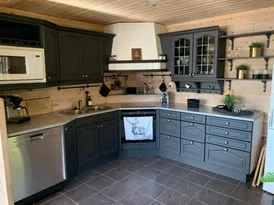 a kitchen with dark green cabinets and a dishwasher at Hytto in Håra