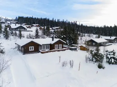 a cabin in a snow covered village with trees at ReveEnka - cabin in Trysil with Jacuzzi for rent in Trysil
