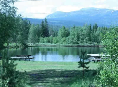 a lake with picnic tables in front of it at Cabin with sauna in Trysil in Trysil