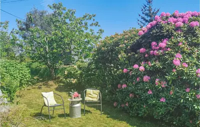 two chairs and a table in a garden with flowers at Lovely Home In Fjelberg With Wifi in Sæbø