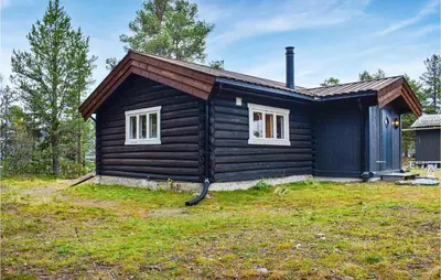 a log cabin with two windows in a yard at Nice Home In Kvam With Kitchen in Kvam