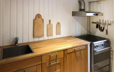 a kitchen with a counter with a sink and a stove at Nice Home In Sjusjøen With Wifi in Sjusjøen