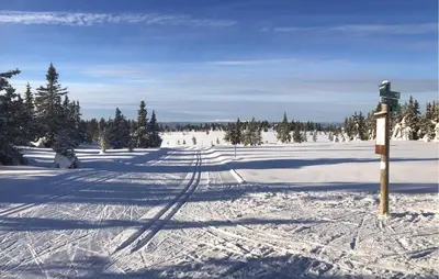 a snow covered road with a sign in the middle at Leil 70 in Sjusjøen