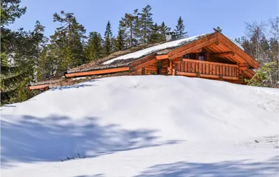 a log cabin with a pile of snow in front of it at Gorgeous Home In Lampeland With Kitchen in Lampeland