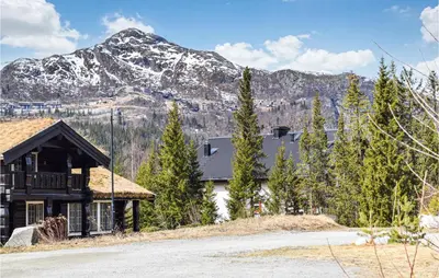 a house with a mountain in the background at Lovely Home In Hemsedal With Wifi in Hemsedal