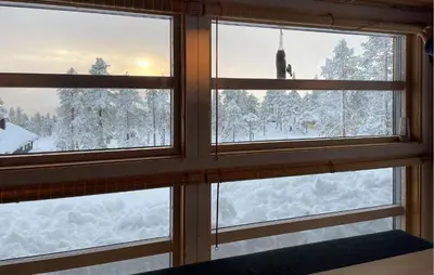 a window with a view of a snow covered forest at Beautiful Home In Flå With Kitchen in Flå