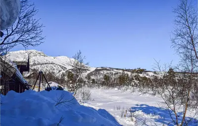 a pile of snow in front of a snow covered mountain at Cozy Home In Hovden I Setesdal in Hovden